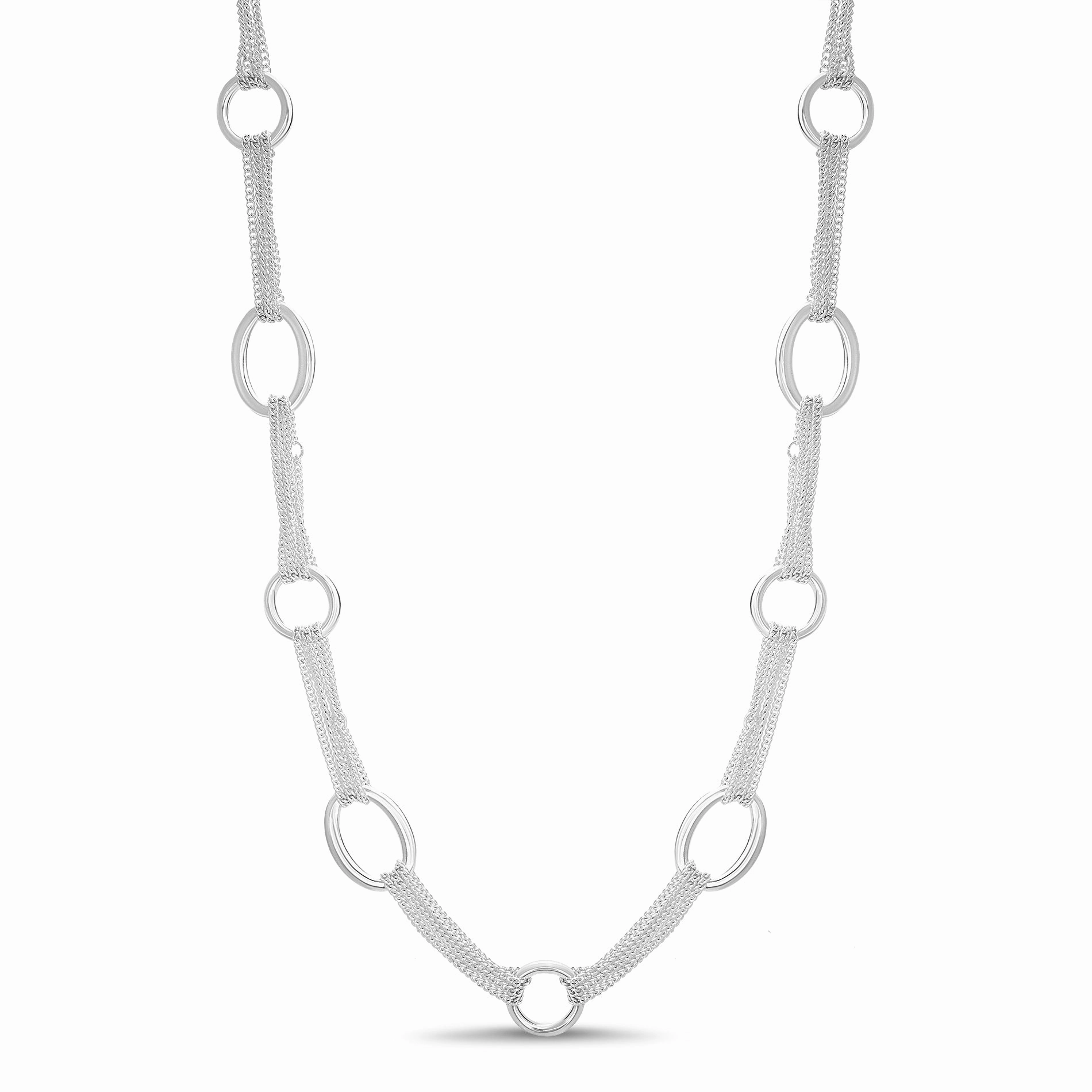 Aubrey Lee 35" Multi Chain and Oval Link Necklace in Silver Plated Brass Festival Style