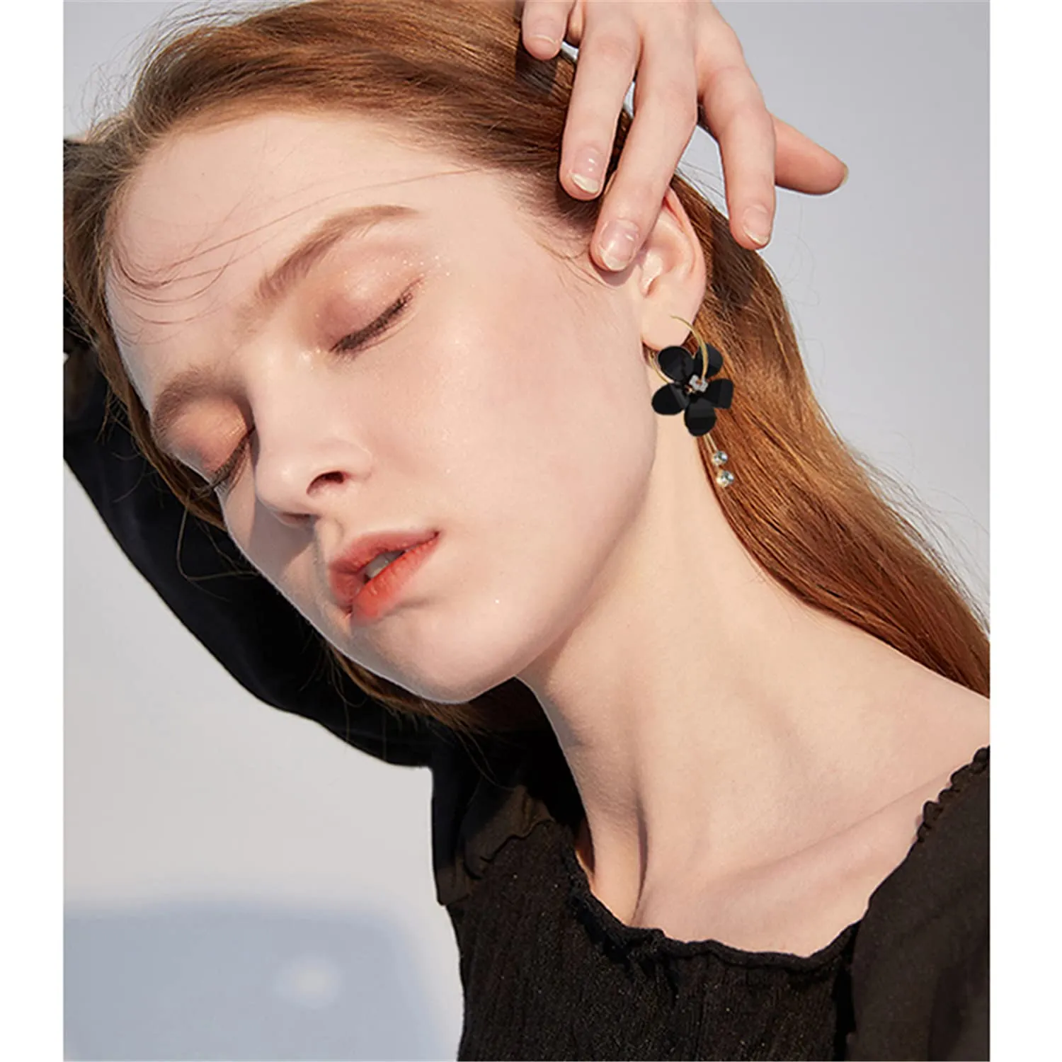 ANDPAI Elegant Romantic Bohemian Crystal Acrylic Rose Flower Dangle Drop Earrings Five Leaves Exaggerated Round Hoop long Tassel Earring for Women Girls Statement Jewelry Gifts Black