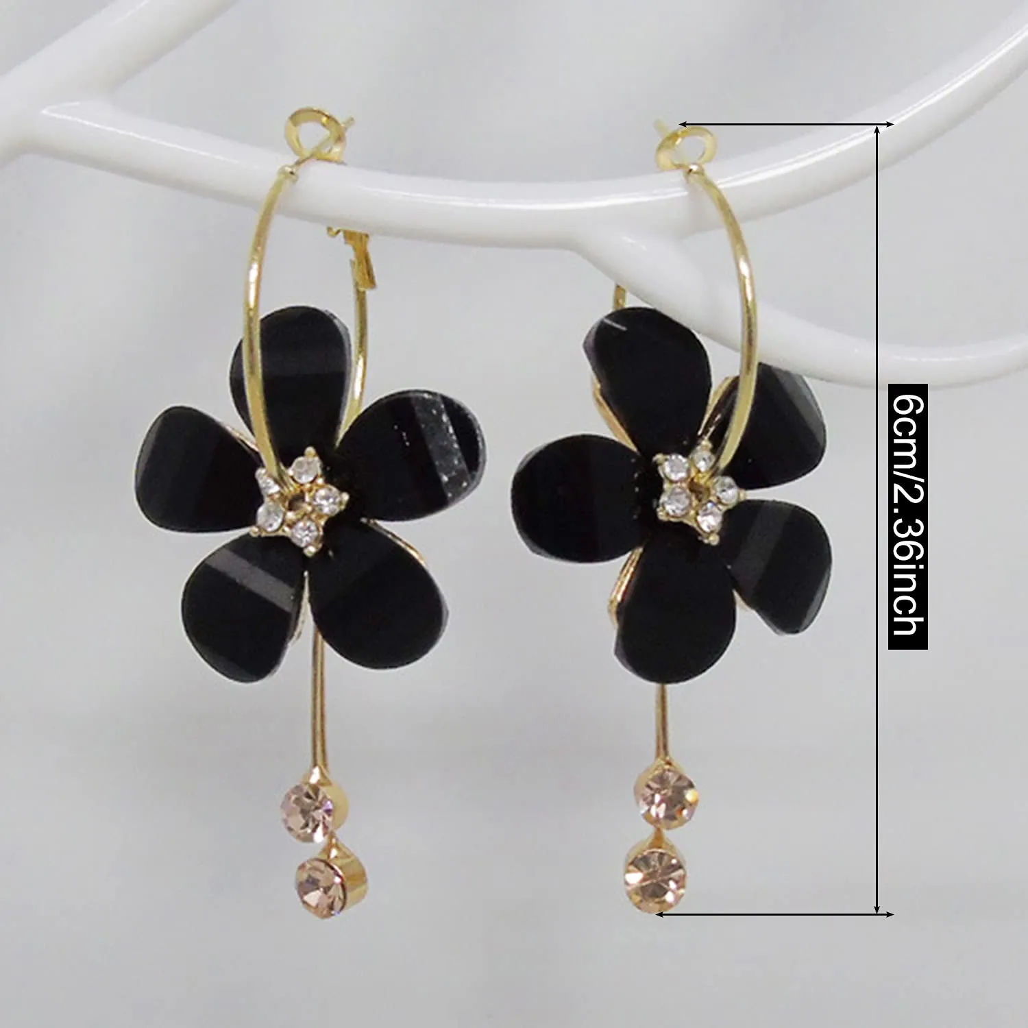 ANDPAI Elegant Romantic Bohemian Crystal Acrylic Rose Flower Dangle Drop Earrings Five Leaves Exaggerated Round Hoop long Tassel Earring for Women Girls Statement Jewelry Gifts Black