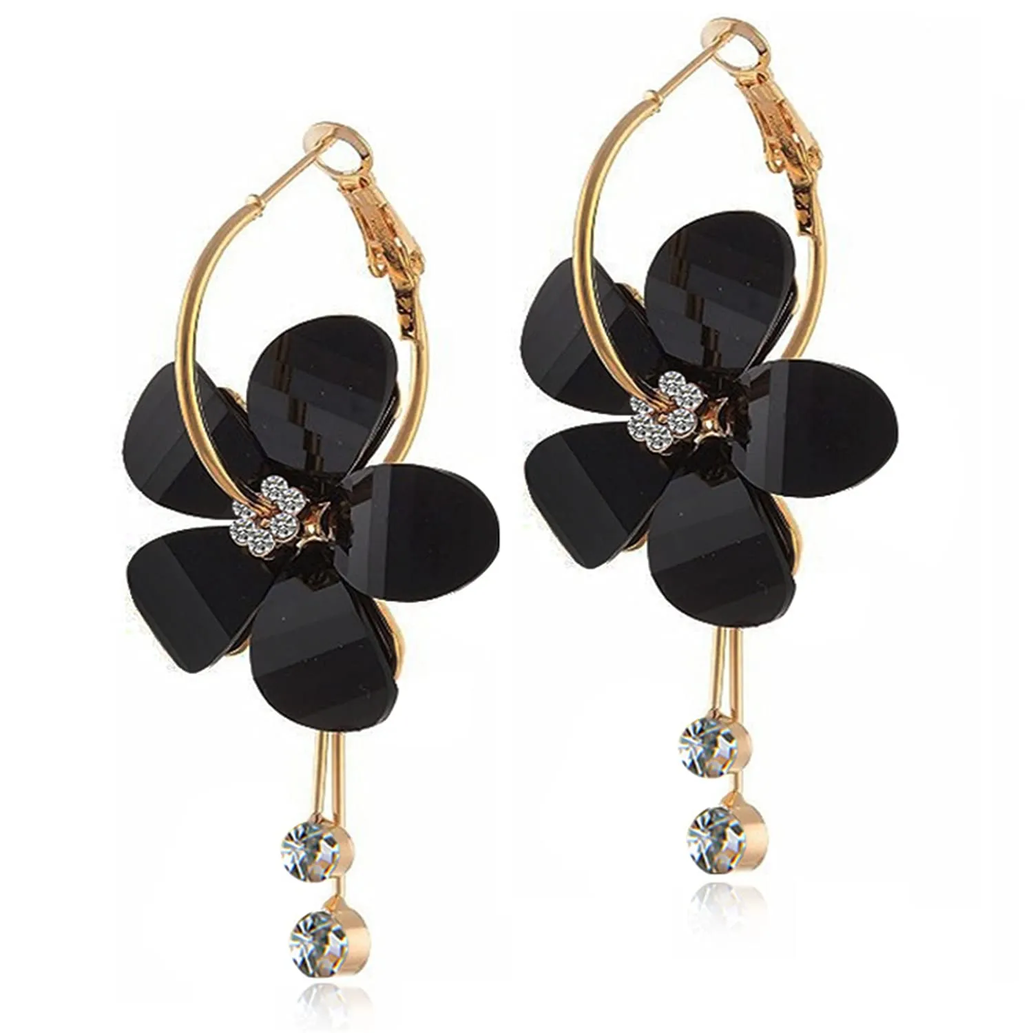 ANDPAI Elegant Romantic Bohemian Crystal Acrylic Rose Flower Dangle Drop Earrings Five Leaves Exaggerated Round Hoop long Tassel Earring for Women Girls Statement Jewelry Gifts Black