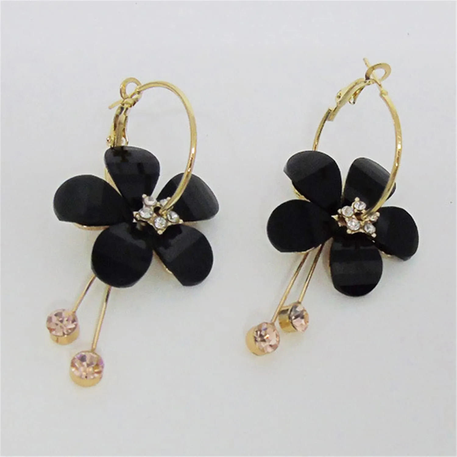 ANDPAI Elegant Romantic Bohemian Crystal Acrylic Rose Flower Dangle Drop Earrings Five Leaves Exaggerated Round Hoop long Tassel Earring for Women Girls Statement Jewelry Gifts Black