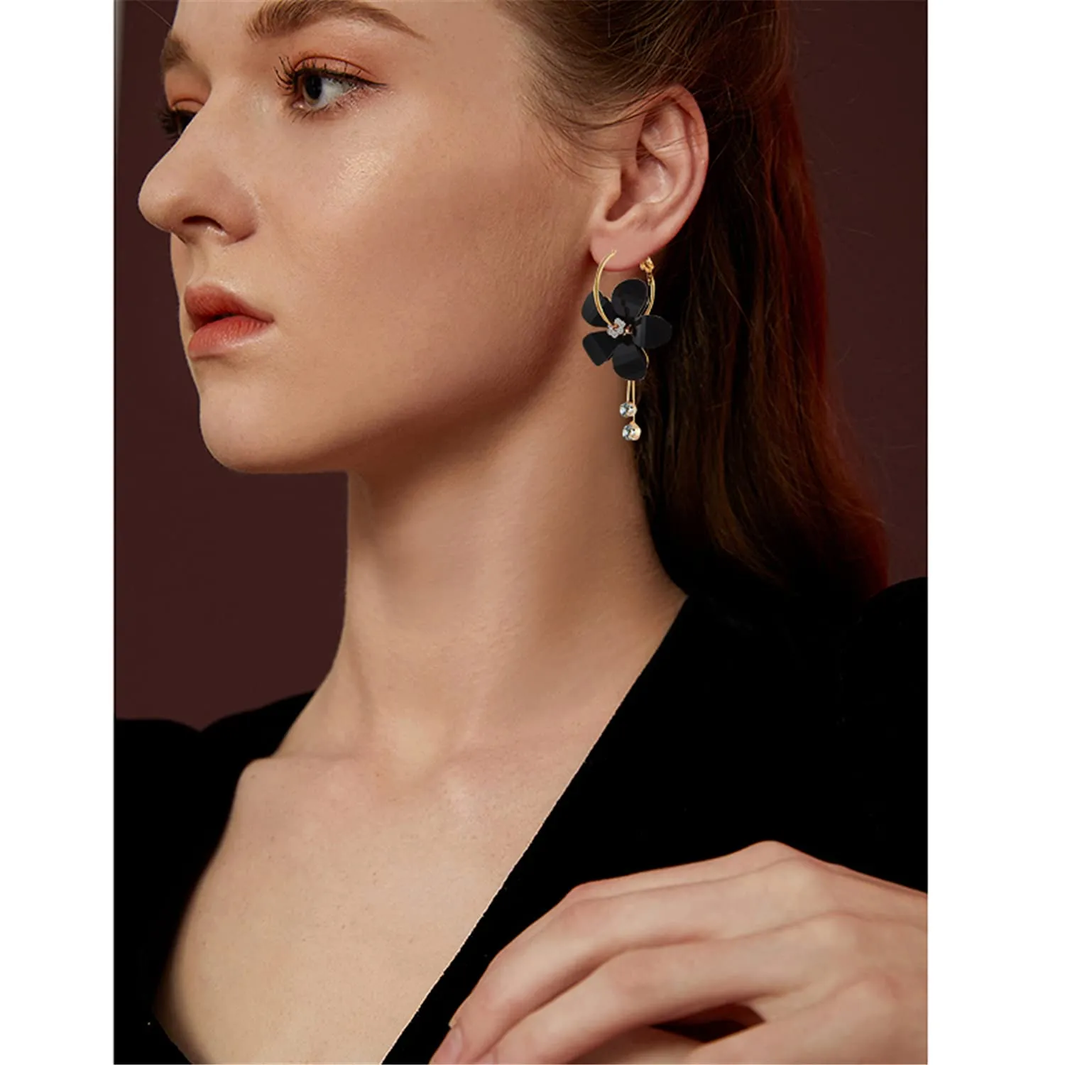 ANDPAI Elegant Romantic Bohemian Crystal Acrylic Rose Flower Dangle Drop Earrings Five Leaves Exaggerated Round Hoop long Tassel Earring for Women Girls Statement Jewelry Gifts Black