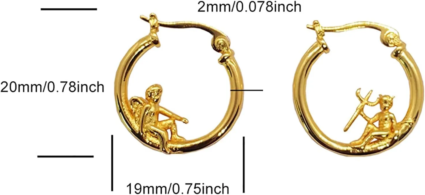 Angel Devil Hoop Earrings Personality Huggie Stud Earrings for Women Statement Earrings (Gold, One Size)