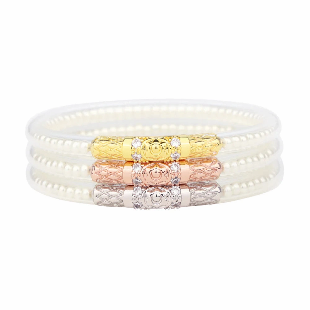 Exclusive preview Optimally Priced BuDhaGirl Three Queens All Weather Bangles - White Pearl