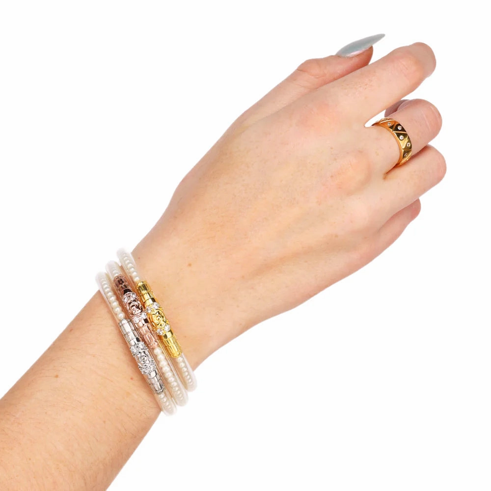 BuDhaGirl Three Queens All Weather Bangles - White Pearl Protective Symbol