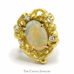 Oval Opal Ring with Diamond Accents in 14k Yellow Gold Open Nugget Style Mounting Hypoallergenic Symbol