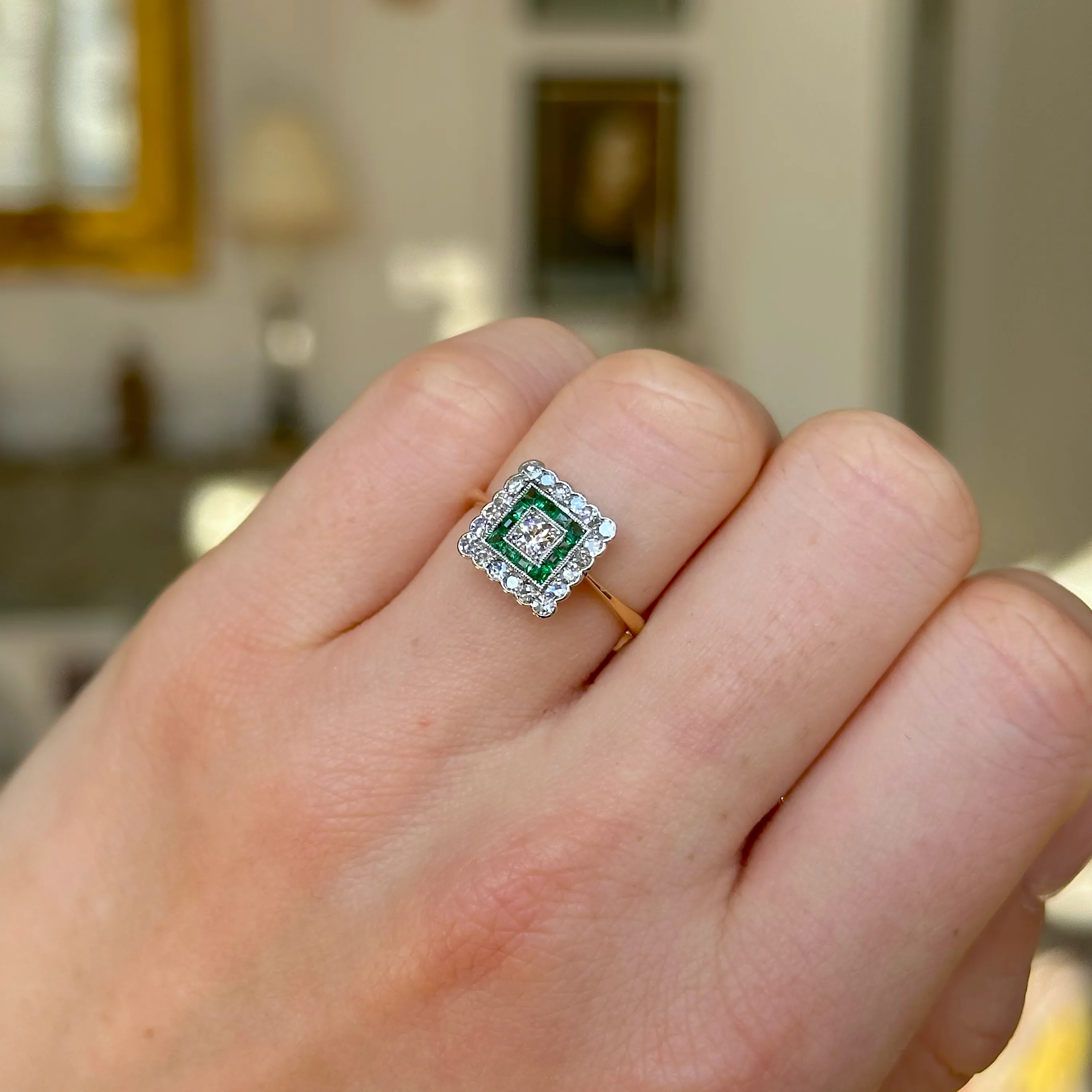 Antique, emerald & diamond square cluster ring, 18ct yellow gold & platinum