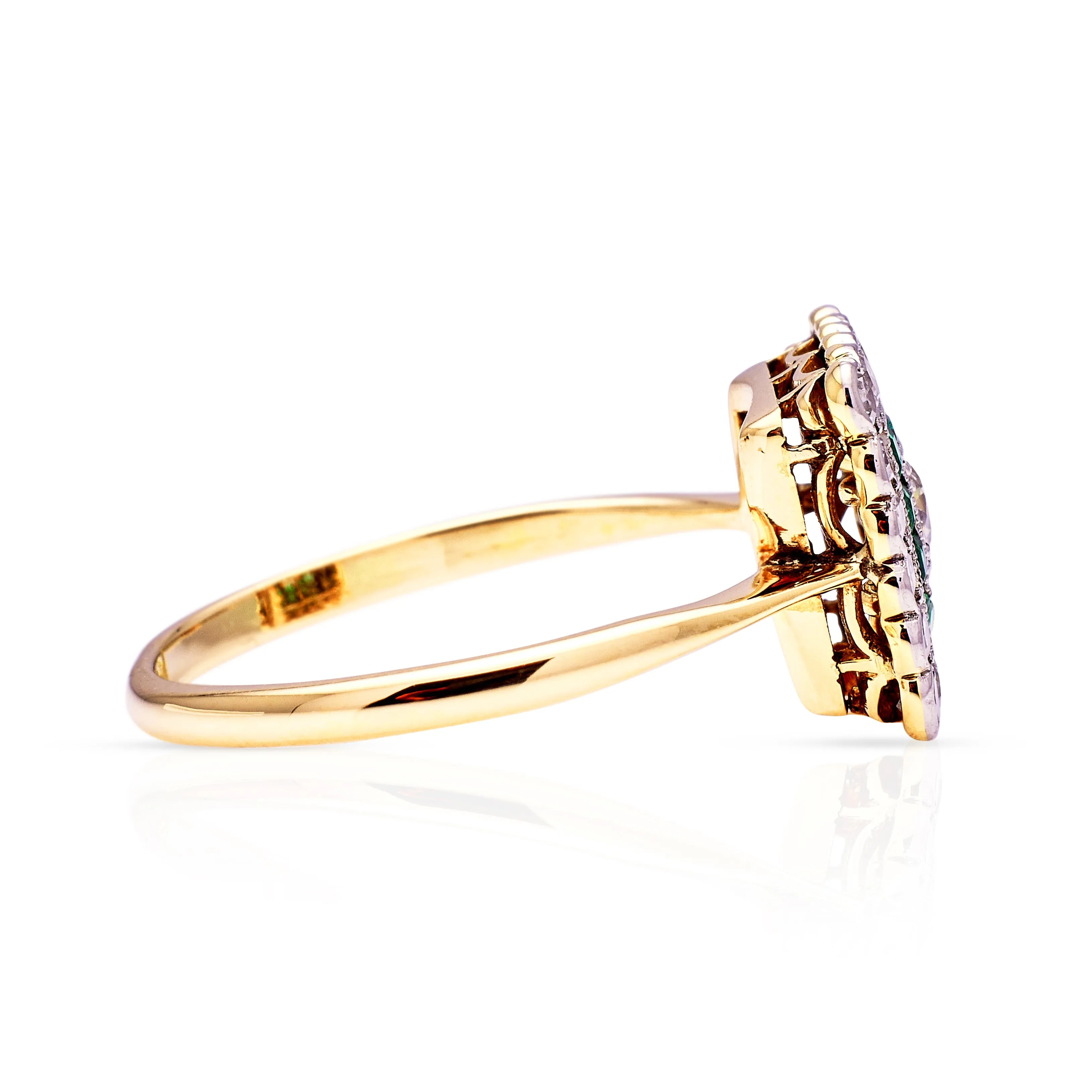 Antique, emerald & diamond square cluster ring, 18ct yellow gold & platinum