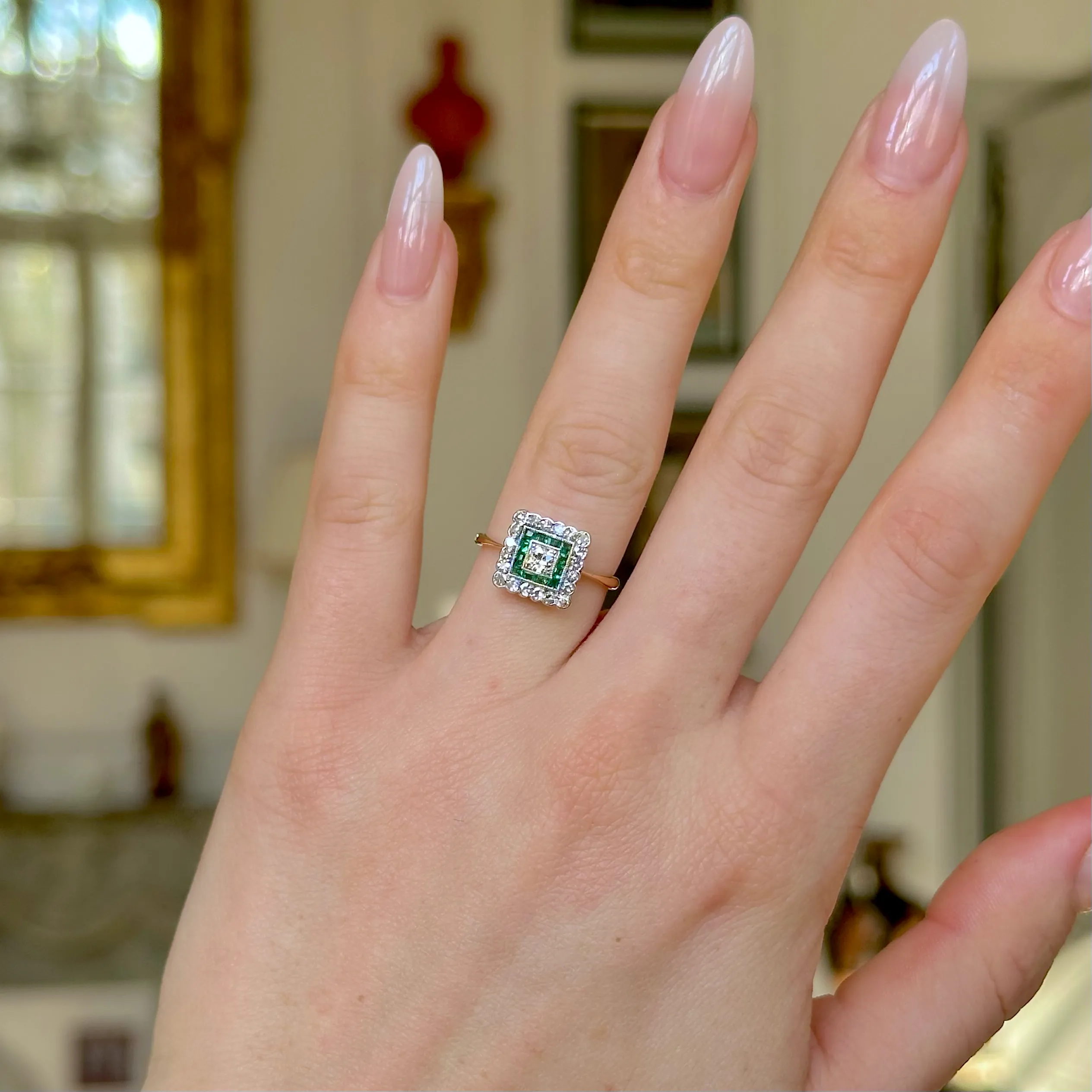 Antique, emerald & diamond square cluster ring, 18ct yellow gold & platinum