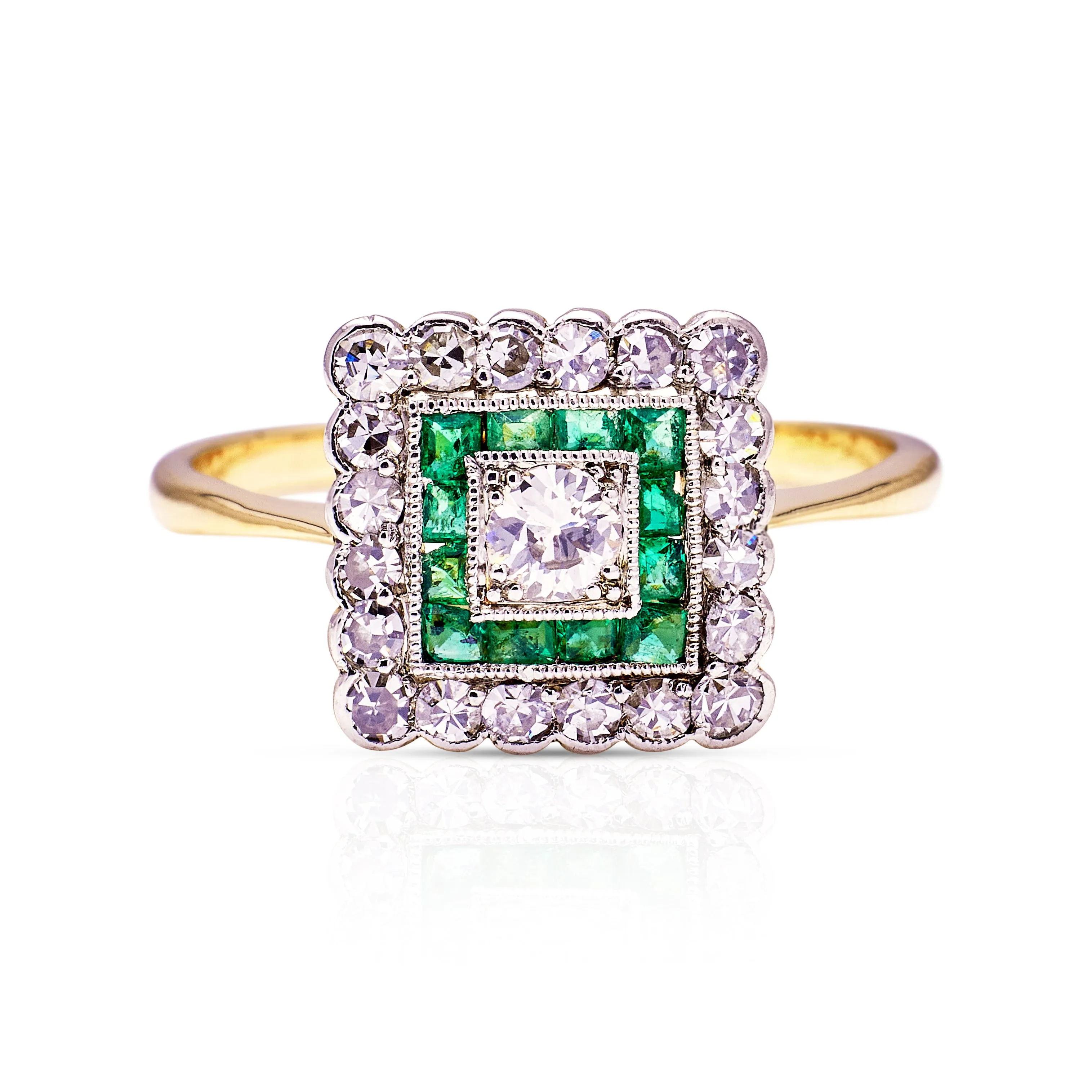 Antique, emerald & diamond square cluster ring, 18ct yellow gold & platinum