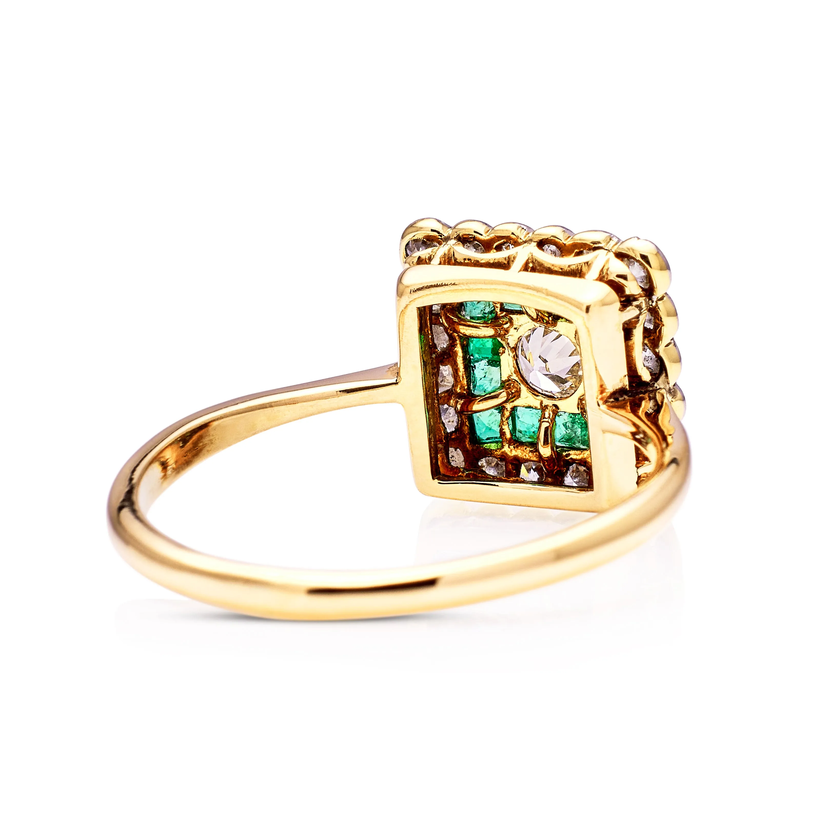 Antique, emerald & diamond square cluster ring, 18ct yellow gold & platinum