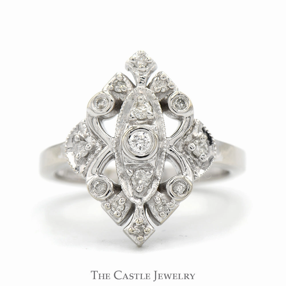 Antique Style 1/4cttw Diamond Cluster Shield Ring in 10k White Gold Sparkling Adornment Value Ornament