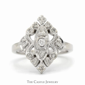 Antique Style 1/4cttw Diamond Cluster Shield Ring in 10k White Gold Sparkling Adornment Value Ornament