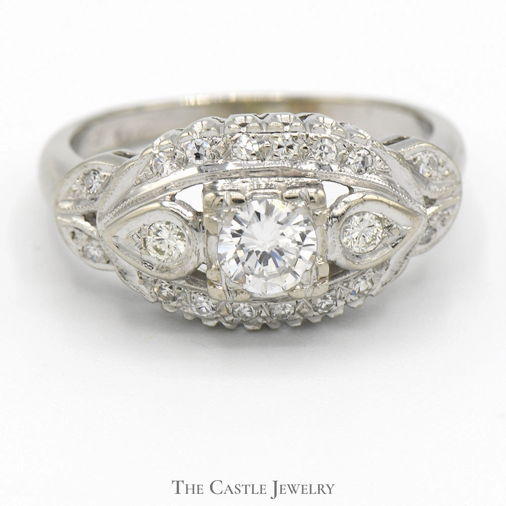 Luxury Bauble Antique Style Diamond Solitaire Ring with Accents in 14k White Gold Leaf Designed Setting