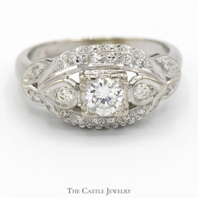 Luxury Bauble Antique Style Diamond Solitaire Ring with Accents in 14k White Gold Leaf Designed Setting