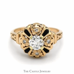 Fragile Item Antique Style Diamond Solitaire Ring with Diamond and Black Inlays in 14k Yellow Gold