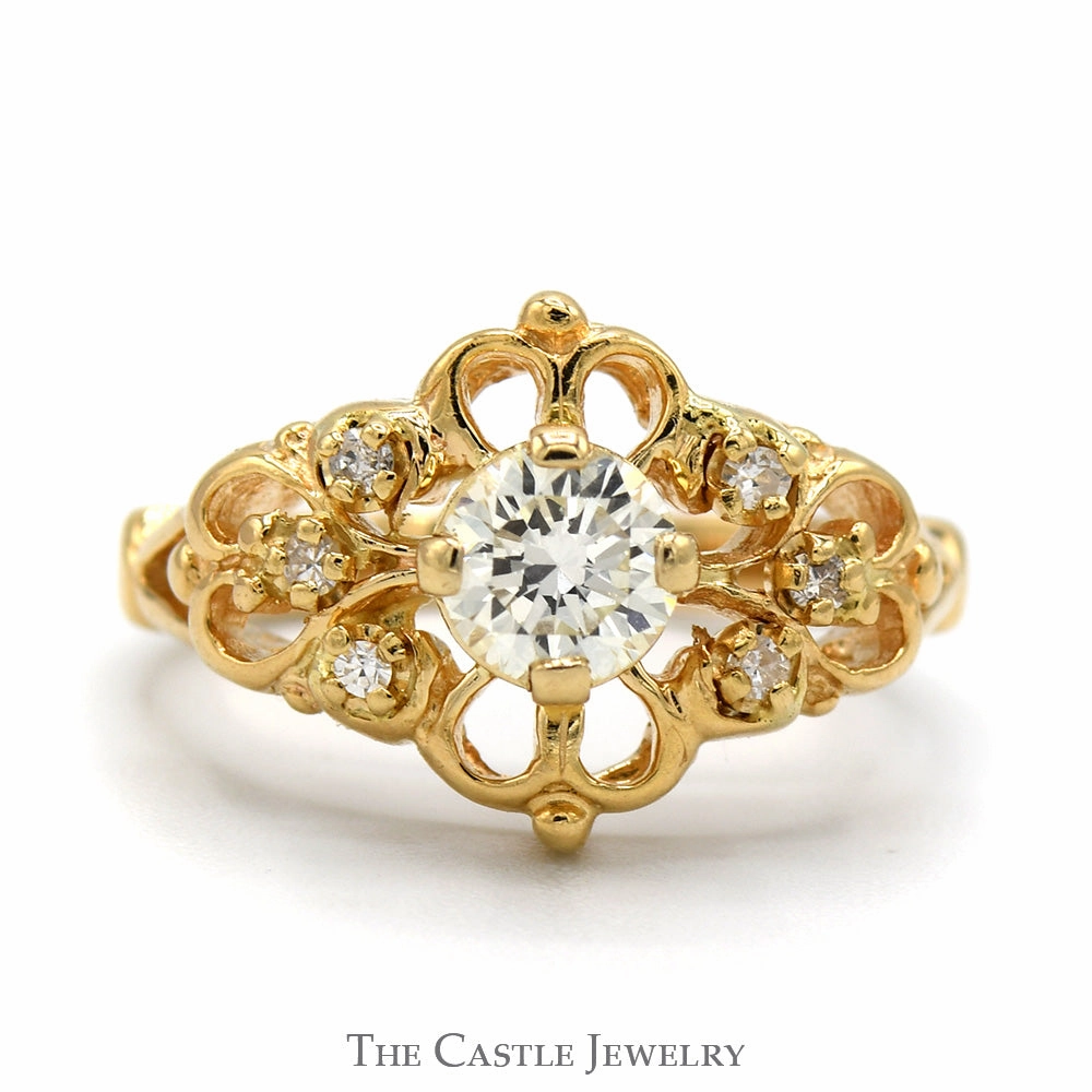 Antique Style Round Diamond Ring with Diamond Accented Open Floral Design in 14k Yellow Gold Classic Decoration