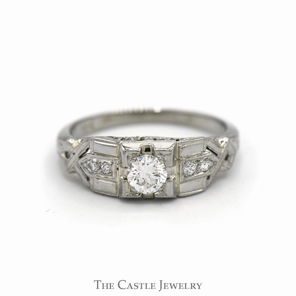 Antique Style Round Diamond Ring with Diamond Accents in 18k White Gold Fantastic Object