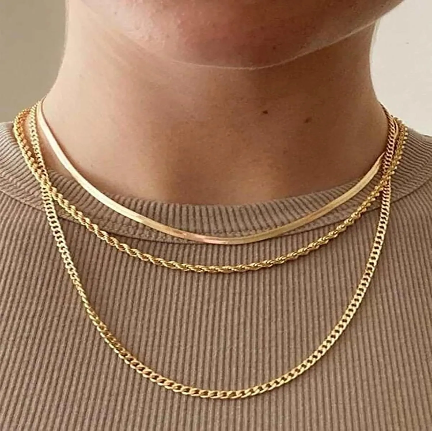 Aonklot Layered Gold Necklaces for Women Stacked Herringbone Paperclip Layered Chains Necklace Gold Snake Choker Necklaces Jewelry for Women