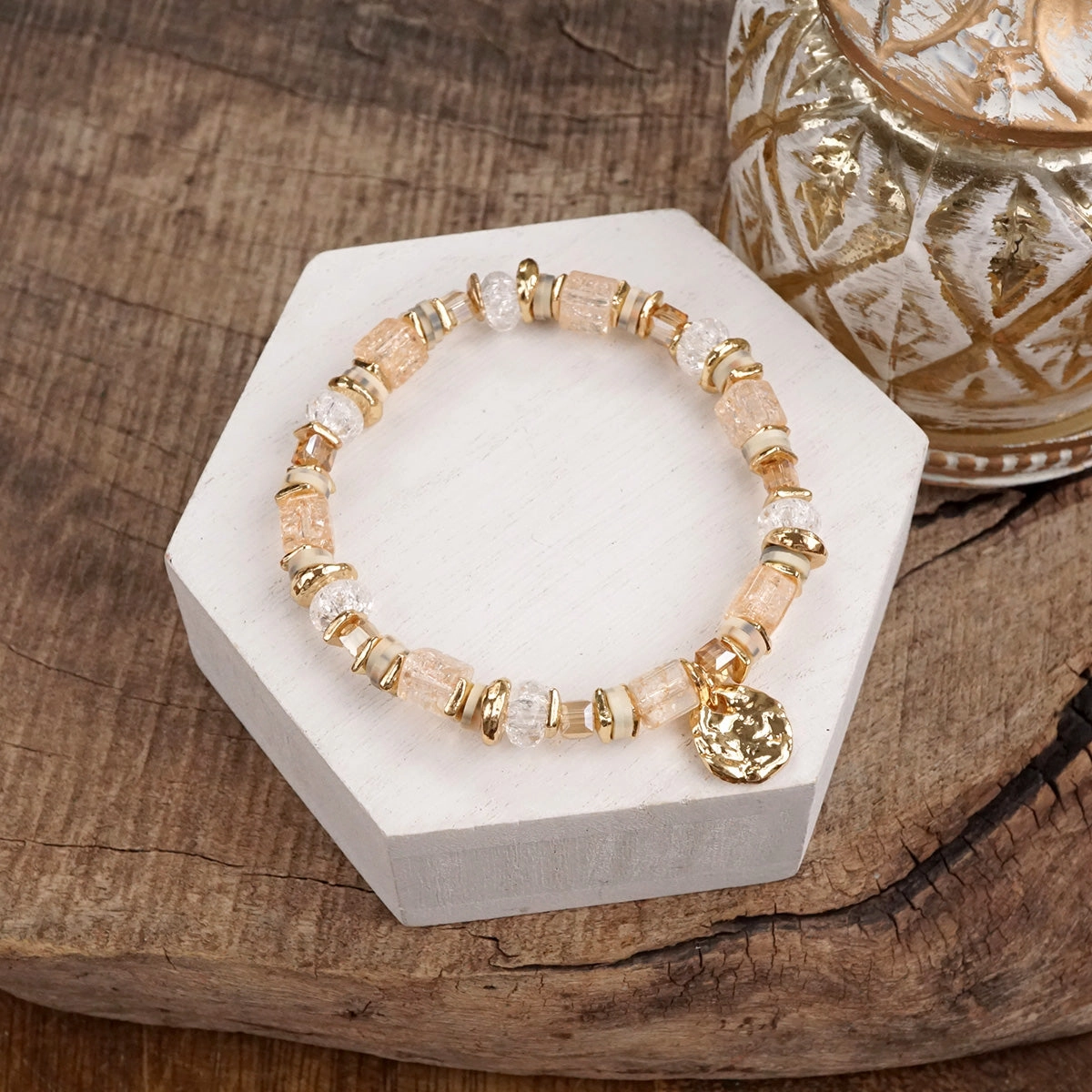 Whispering Light ?C Mixed Bead Bracelet with Golden Coin Charm Galactic Admiration Diamond Grade