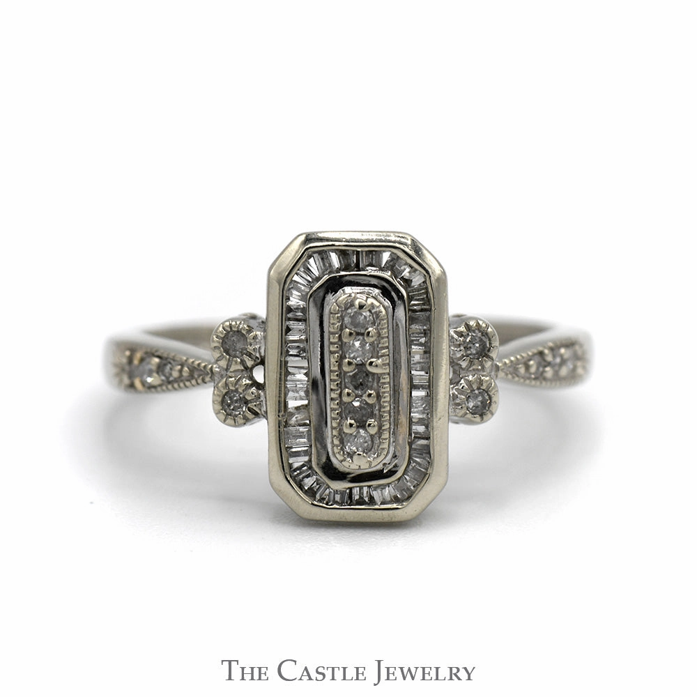 Personal Object Shiny Decoration Art Deco Inspired 1/4cttw Diamond Engagement Ring with Baguette and Round Accents in 10k White Gold