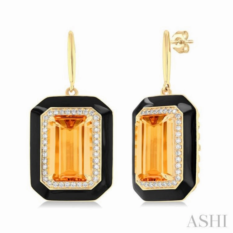 12x8 MM Emerald Cut Citrine and 1/3 Ctw Round Cut Diamond Halo & Black Enamel Border Semi-Precious Earrings in 14K Yellow Gold Minimalist Flair