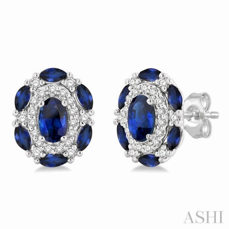 Anniversary Present Charming Detail 5x3 MM Oval Cut and 3X1.5 MM Marquise Cut Sapphire and 1/5 Ctw Round Cut Diamond Precious Earring in 14K White Gold