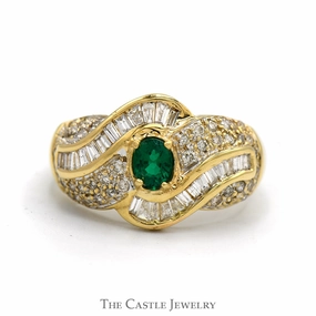 Gloss Detail Fashion Revolution Oval Emerald Ring with Baguette and Round Diamond Accents in 14k Yellow Gold