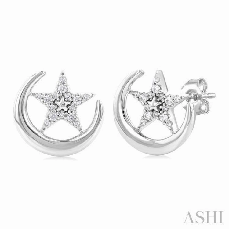 Charming Jewelry Pieces 1/10 Ctw Petite Crescent Moon and Star Round Cut Diamond Fashion Stud Earring in 10K White Gold