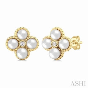 Luminous Sparkle 3 MM Clover Cultured Pearl and 1/50 Ctw Round Cut Diamond Fashion Earrings in 10K Yellow Gold