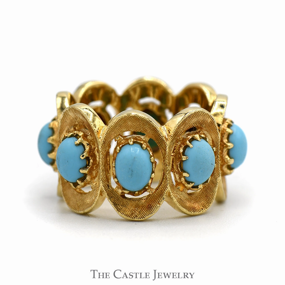 Oval Cabochon Turquoise Eternity Band with Brushed Detail in 14k Yellow Gold Exquisite Jewelry DIY project