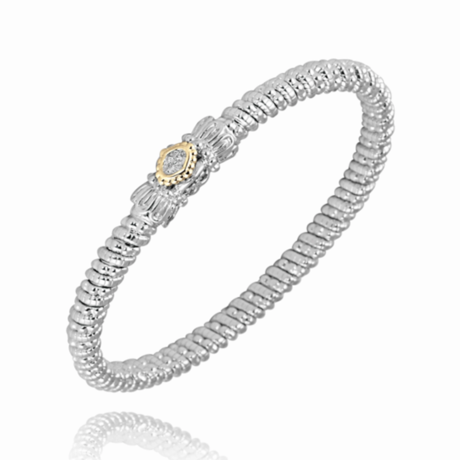 Stylish Statement 14K Yellow Gold and Sterling Silver Diamond Bangle Bracelet