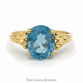 Oval Blue Topaz Ring with Beaded Split Sides in 14k Yellow Gold Travel Present