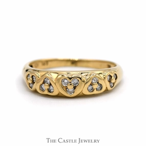 Diamond Wedding Band with Row of Hearts Design in 10k Yellow Gold Bridal Gift
