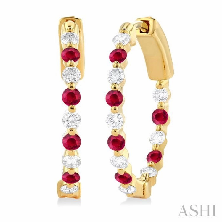 Custom Gifts 2 MM Round Cut Ruby and 1/2 ctw Round Cut Diamond Precious Inside-Out Alternating Hoop Earrings in 14K Yellow Gold