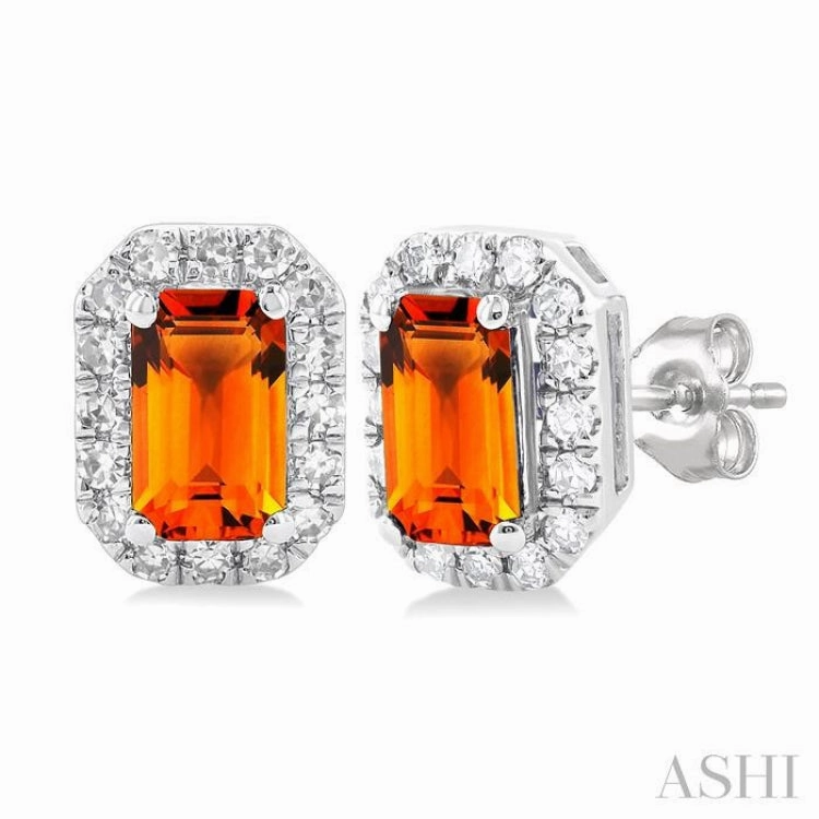 Classic Mood Refined Feature 5x3 MM Octagonal Shape Citrine and 1/8 Ctw Single Cut Diamond Halo Semi-Precious Stud Earrings in 10K White Gold