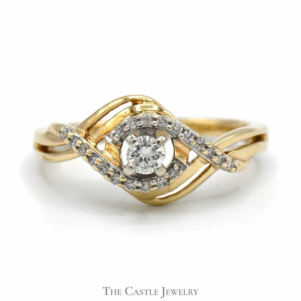 Round Diamond Ring with Swirled Diamond Accents in 10k Yellow Gold Open Crossover Setting Superior Expression