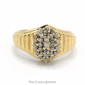 Sparkling Design Oval Shaped 1/2cttw Diamond Cluster Ring in 10k Yellow Gold Ridged Tapered Setting
