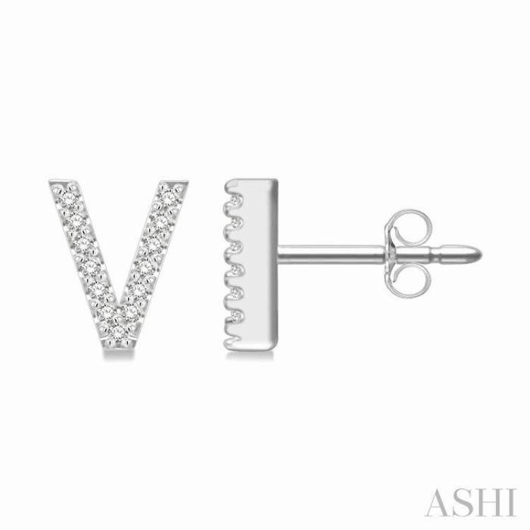 Classic Shine Shimmering Form 1/10 Ctw Initial 'V' Round Cut Diamond Earrings in 10K White Gold