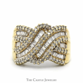Contemporary Token 1cttw Baguette and Round Diamond Interwoven Cluster Bypass Ring in 10k Yellow Gold