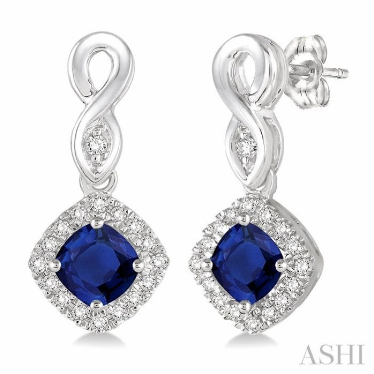 4x4 MM Cushion Shape Sapphire and 1/5 ctw Round Cut Diamond Earrings in 10K White Gold Minimal Sparkle Dainty Edge