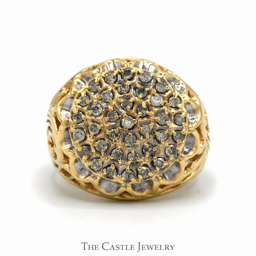 1cttw Kentucky Diamond Cluster Ring with Open Filigree Sides in 10k Yellow Gold Excellent Decoration
