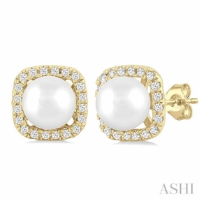 Bright Highlight Modern Form 5 MM Cushion-Shaped Cultured Pearl and 1/8 Ctw Petite Round Cut Diamond Halo Stud Earring in 10K Yellow Gold