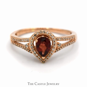 Shine Effect Pear Cut Garnet Ring with Diamond Halo and Accented Split Shank Sides in 10k Rose Gold