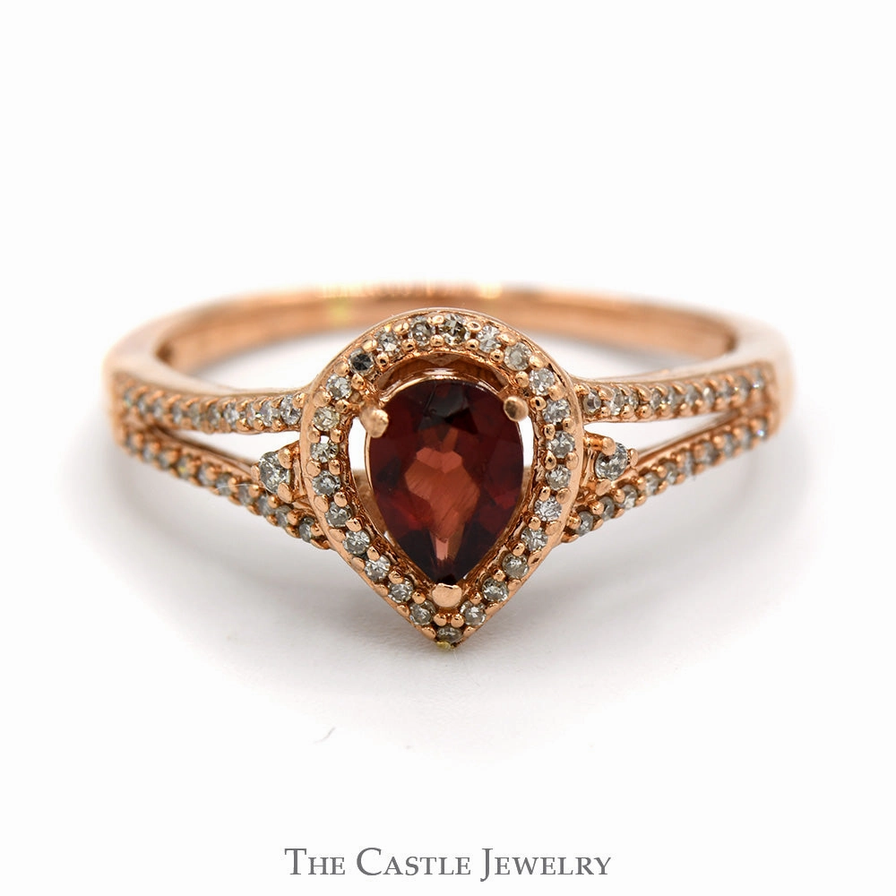 Shine Effect Pear Cut Garnet Ring with Diamond Halo and Accented Split Shank Sides in 10k Rose Gold