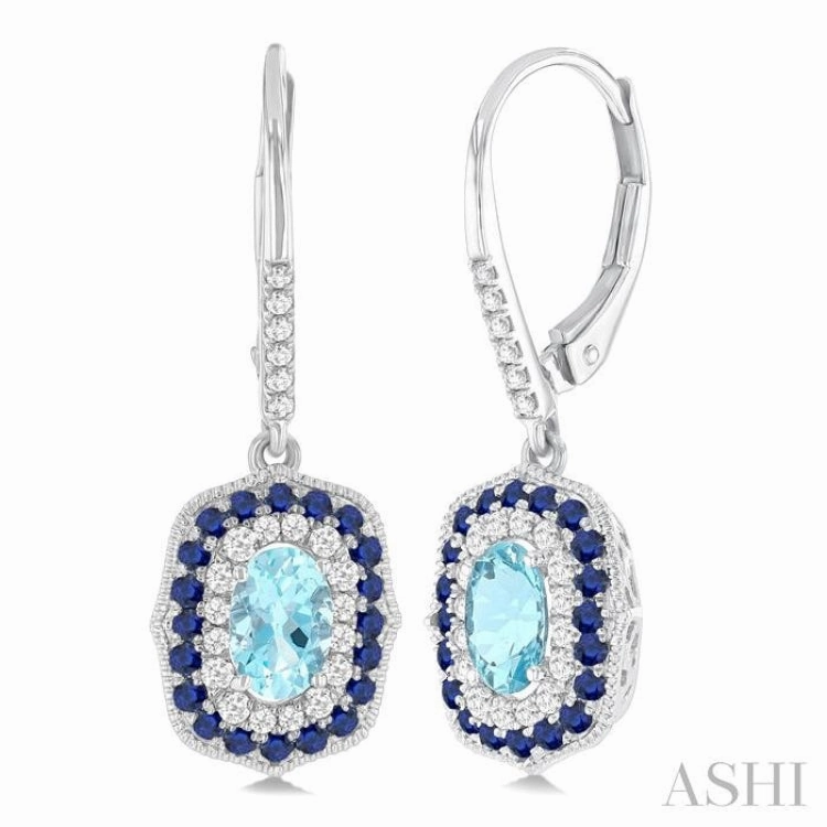 Shining Craft Vibrant Shine 6x4 MM Oval Cut Aquamarine, 1.25 MM Sapphire and 1/3 Ctw Round Cut Diamond Halo Precious and Semi-Precious Fashion Earrings in 14K White Gold