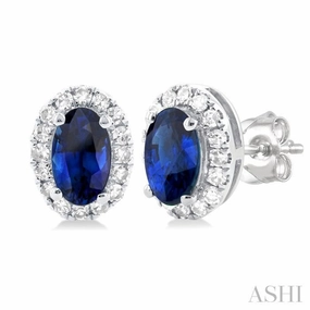 Refined Detailing Minimalist Edge 5x3 MM Oval Shape Sapphire and 1/8 Ctw Single Cut Diamond Halo Precious Stud Earrings in 10K White Gold