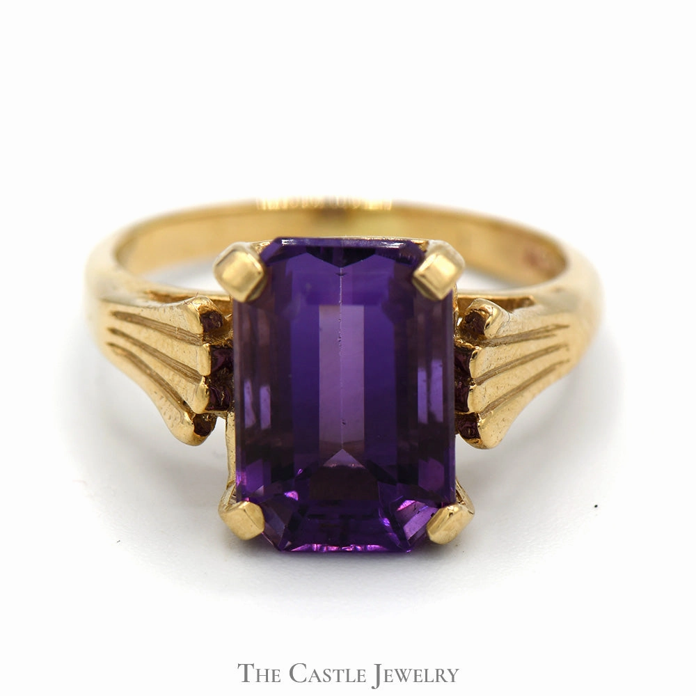 Emerald Cut Amethyst Ring with Fanned Sides in 14k Yellow Gold Amazing Jewelry Statement Jewelry