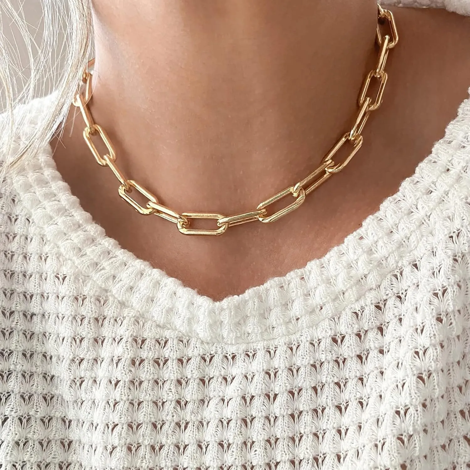 ASCOMY Dainty Gold Necklaces for Women 14K Gold Plated Paperclip Chain Necklace Simple Cute Chain Necklace Chunky Chain Toggle Necklaces Silver Necklaces for Women Everyday Jewelry Gifts for Women