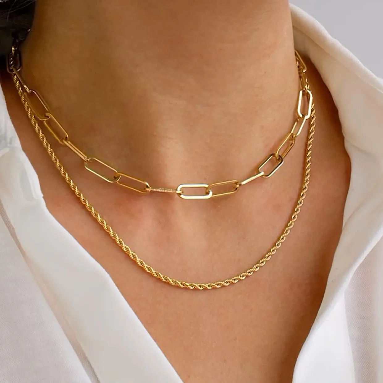 ASCOMY Dainty Gold Necklaces for Women 14K Gold Plated Paperclip Chain Necklace Simple Cute Chain Necklace Chunky Chain Toggle Necklaces Silver Necklaces for Women Everyday Jewelry Gifts for Women